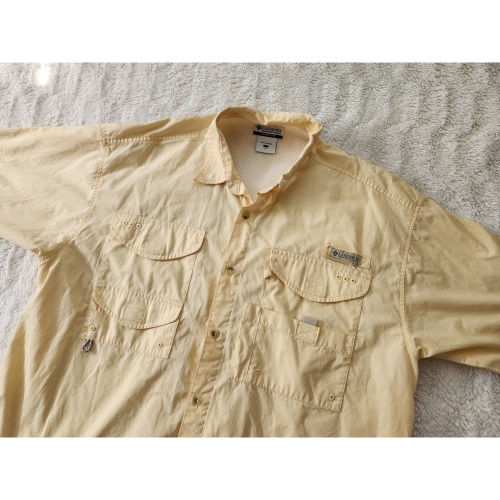 Columbia PFG Shirt Mens Large Yellow Short Sleeve Fishing Button Up Cotton...